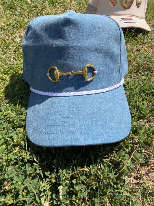 Denim hat with gold horse bit
