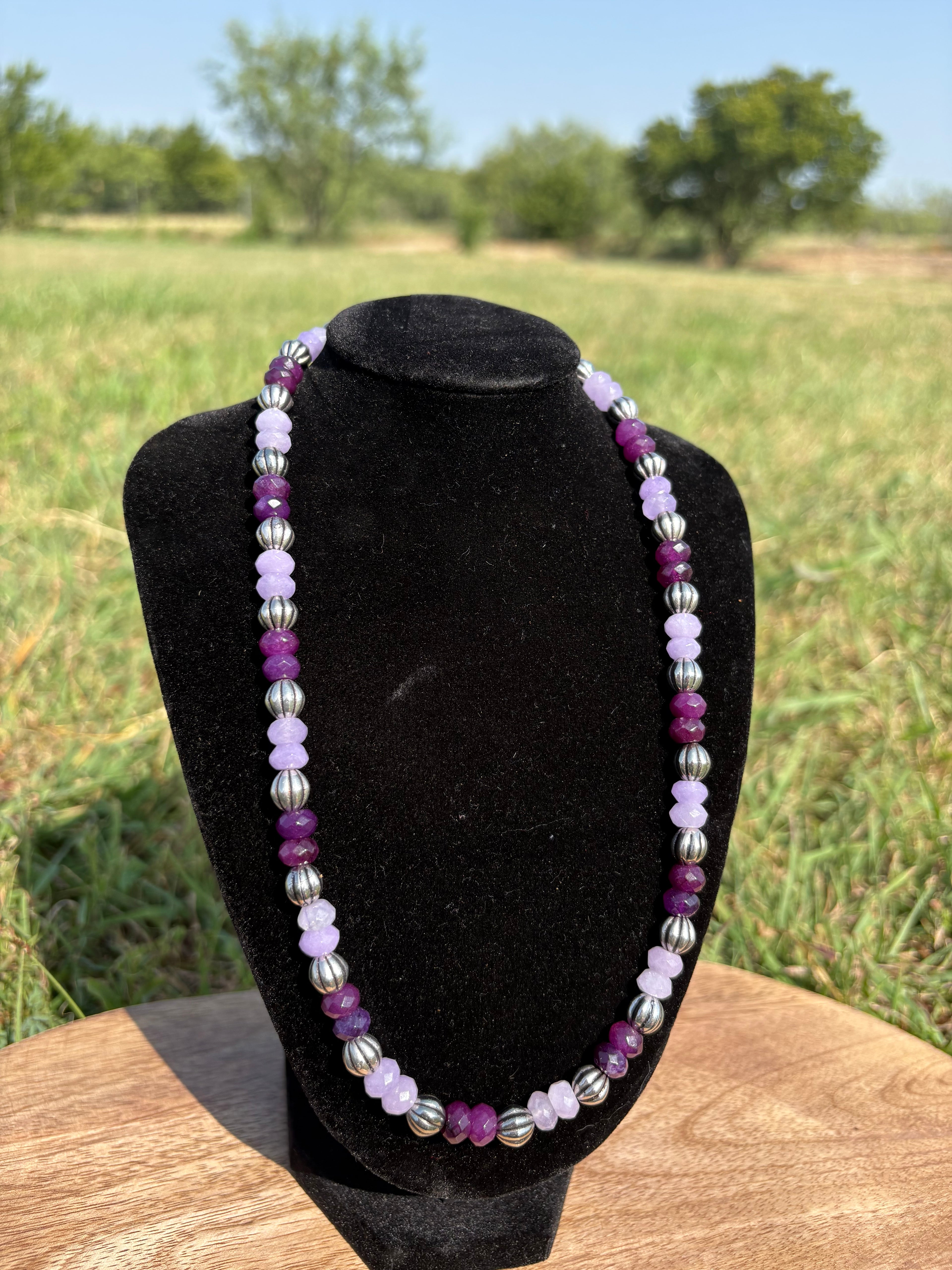 The purple lover with silver textured beads necklace -18”