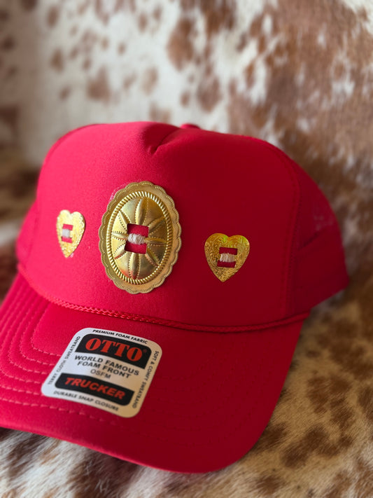 Red & Gold heart Concho hat