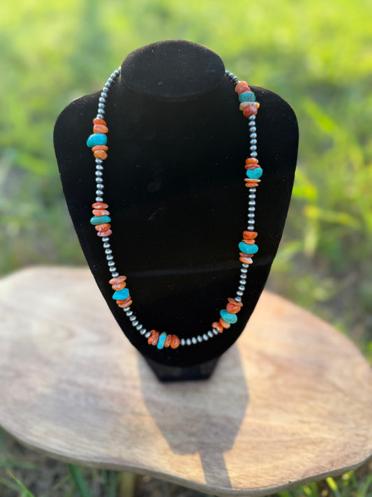 Turquoise & Orange Spiny Oyster beaded necklace